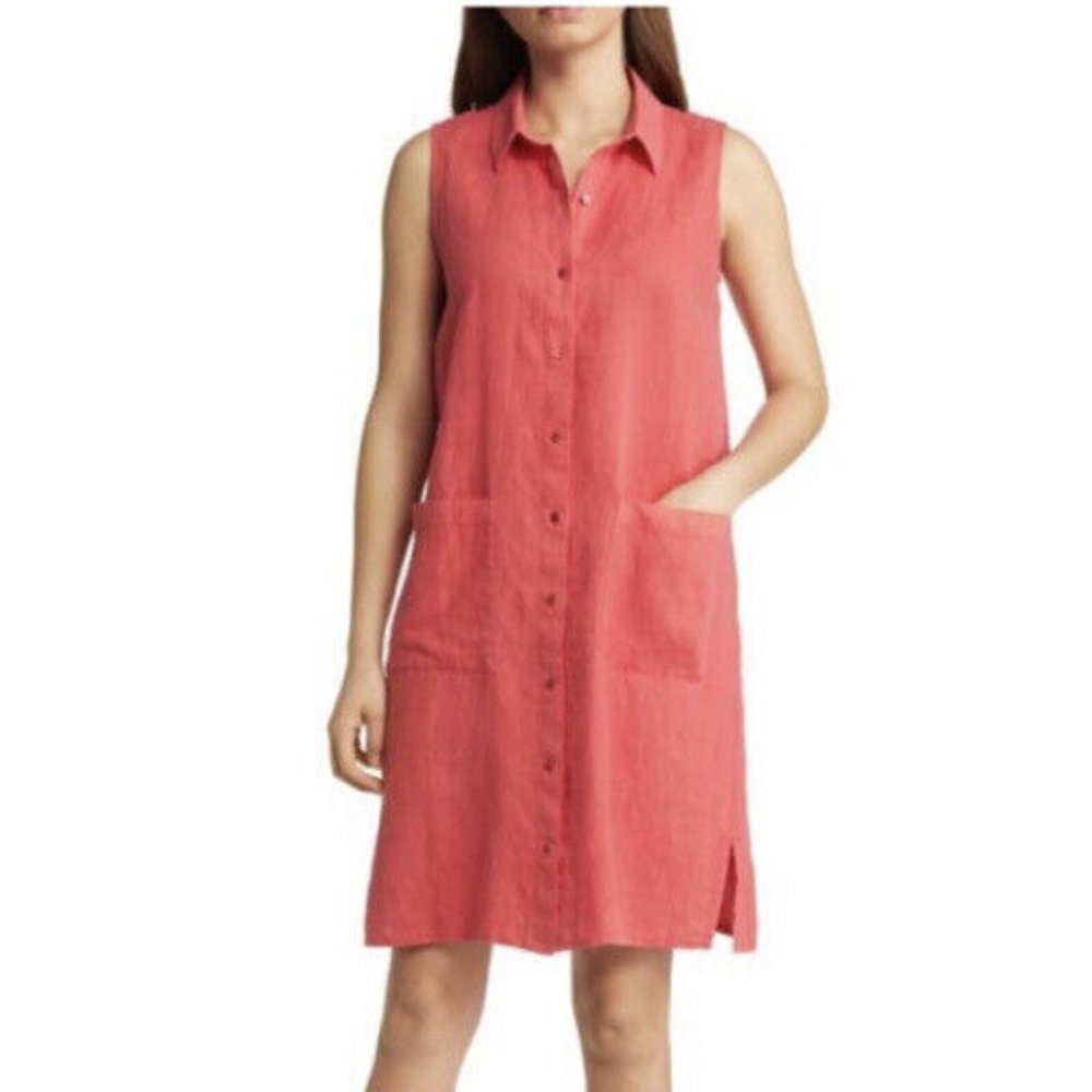 NWT Eileen Fisher GUAVA Organic Linen Classic Collar Shirt Dress